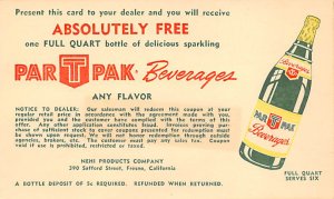 ParTPak Beverages Fresno, CA, USA Advertising Label on back 