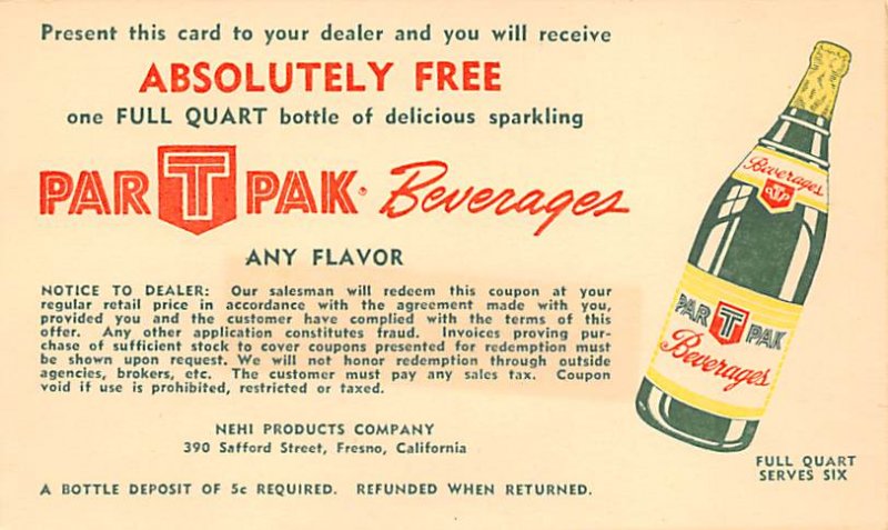 ParTPak Beverages Fresno, CA, USA Advertising Label on back 