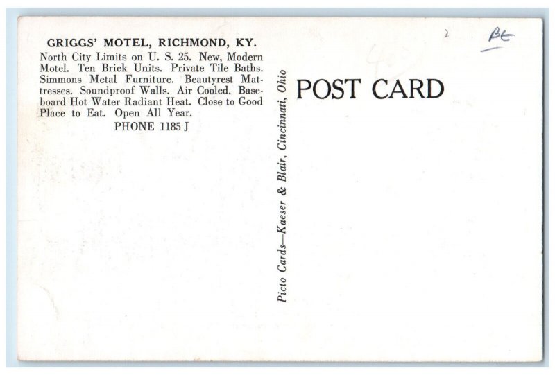 c1940's Griggs Motel North City Limits Richmond Kentucky KY Vintage Postcard