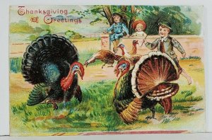 Thanksgiving Greetings Children Chasing Turkeys Embossed Postcard M20