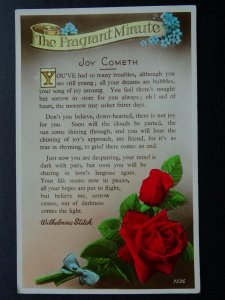 Greeting ROMANCE & RED ROSES Joy Cometh by Wilhelmina Stitch c1930s RP Postcard