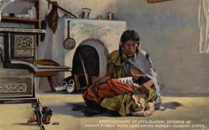 Pueblo Indian Home Interior Woman Baby Native American 1915 postcard