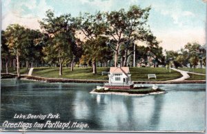 Postcard ME Portland - Deering Park Lake - West End Station cancel