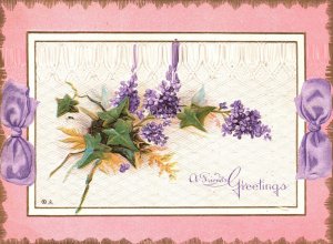 Vintage Postcard 1911 A Friends Greetings Card Beautiful Purple Flowers Ribbon