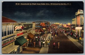 Postcard Wildwood NJ c1945 Boardwalk by Night from Cedar Ave. Amusement Park