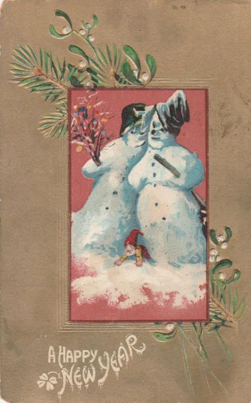 Snowman and Snowwoman - New Year's Greetings - pm 1909 - DB