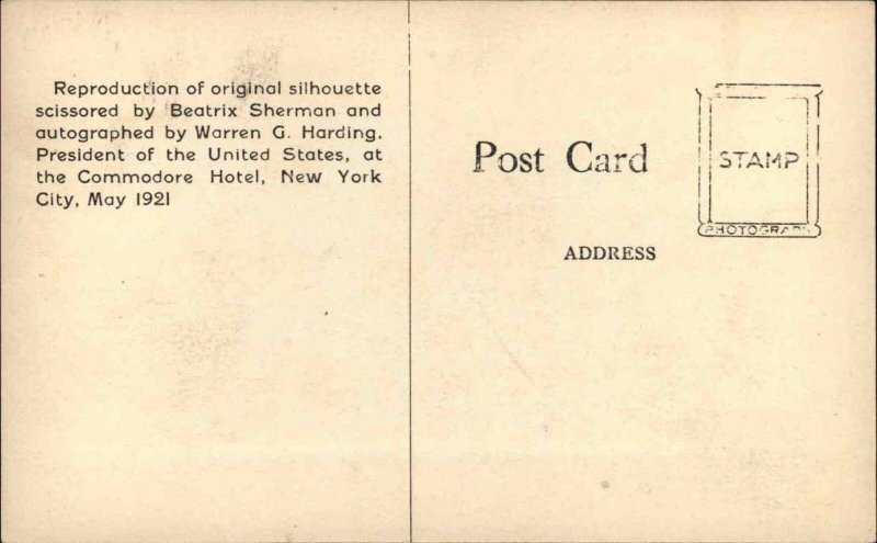 Beatrix Sherman Silhouette President Warren Harding 1921 Real Photo Postcard