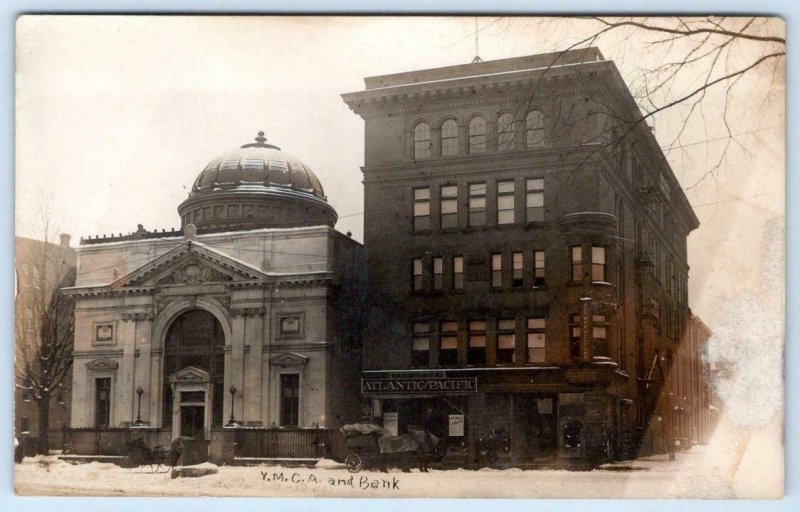 NEW BRITAIN CONNECTICUT RPPC YMCA & BANK HORSE & SLEIGH 1910's PHOTO POSTCARD