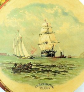 1870's A.D. Matthews & Sons Brooklyn Die Cut Tambourine Harbor Scene Schooner *O