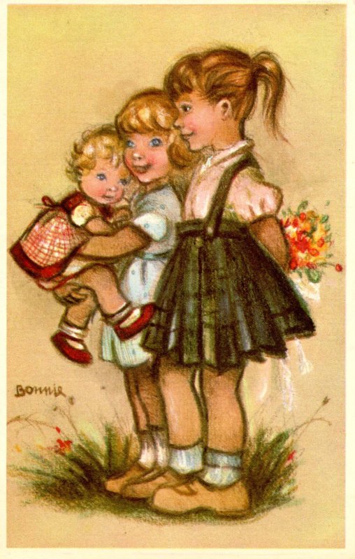 Little Girls Presenting Flowers.  Artist: Bonnie      (Mainzer #595)