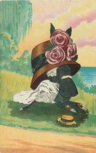 Drawn romantic couple under huge hat exaggeration surrealism fantasy postcard 