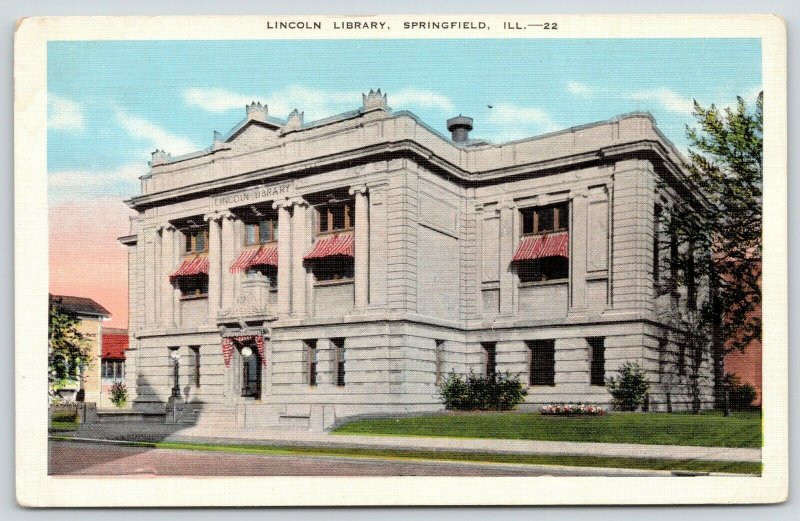 Springfield Illinois~Lincoln Carnegie Library~Razed 1974~1940s Linen Postcard 