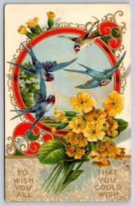 Birds & Yellow Primroses Wishes~Art Nouveau~Gold~Emb~c1910 Vintage Postcard