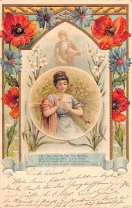 Woman Thinking About Lover Poppy Flowers 1904 embossed vintage postcard