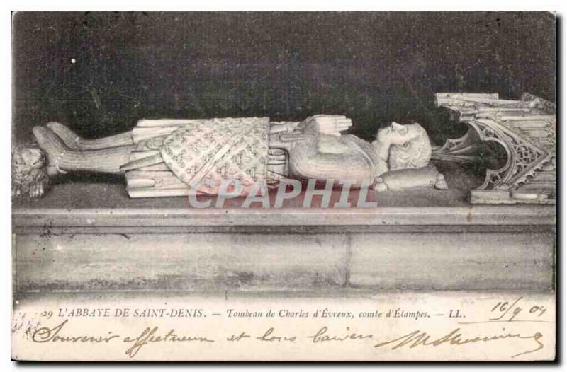 Old Postcard The Abbey of Saint Denis Tomb of Charles Earl of Evreux Elampes