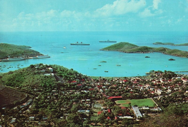 Postcard The Harbor And Town Of Charlotte Amalie Top Of Island US Virgin Islands