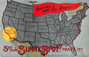 LOS ANGELES Sunny Spot US Map Greetings Pennant 1911 Vintage Postcard