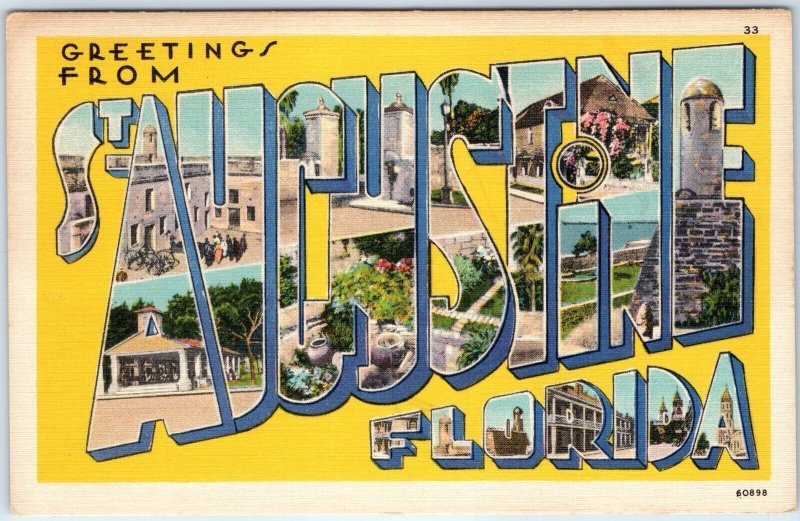 c1940s St. Augustine, FL Greetings From Large Letter Linen Postcard Florida A231