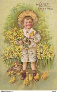 EASTER, PU-1911; Greeting, Boy holding bouquet of Daffodils and chick, Hen