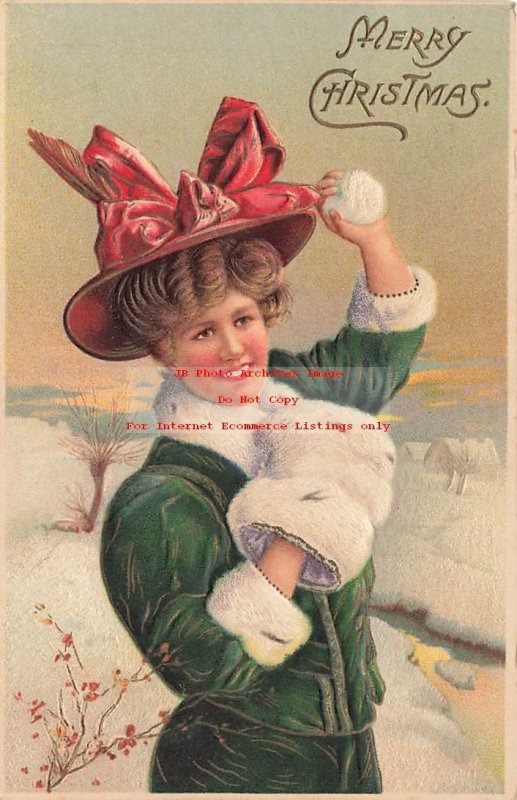 Christmas, Unknown No UP150-2, Woman with Hand Muff Throwing Snow Ball