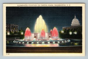 Capitol Plaza Fountain Illuminated By Night, Linen Washington DC Postcard  