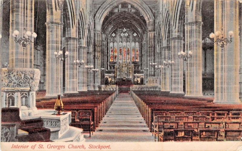 STOCKPORT CHESHIRE UK~INTERIOR OF ST GEORGES CHURCH POSTCARD 1904 PMK 