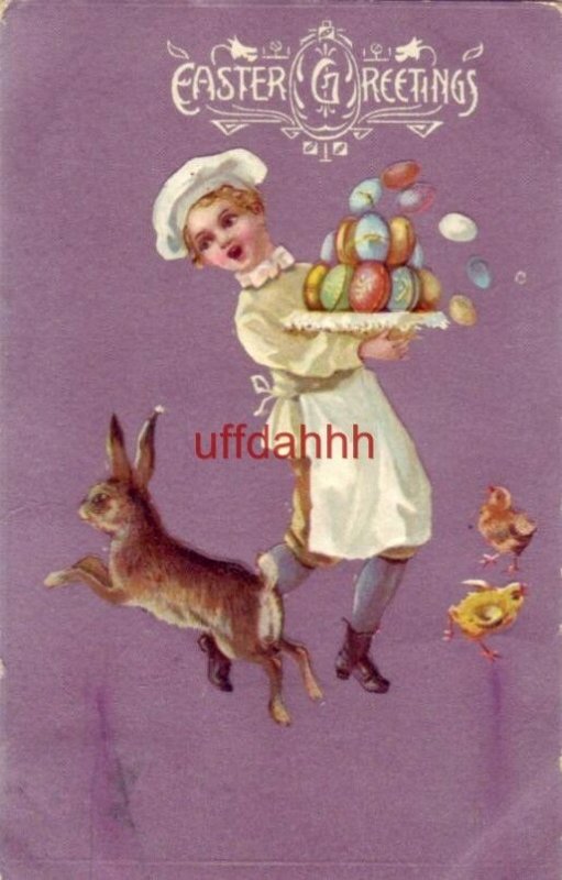 embossed EASTER GREETINGS 1909 dancing with colored eggs