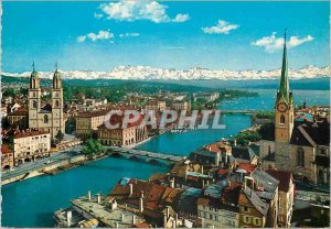 Modern Postcard Zurich Blick auf die Stadt und die Alpen View of the city and...