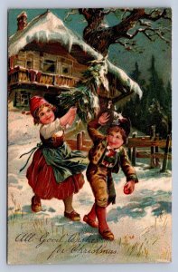 J92/ Merry Christmas Holiday Postcard c1910 Kids Cutting Tree Forest 226