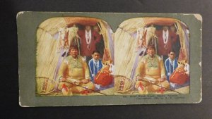 Mint Stereo Postcard Native Americans Chief Black Hawk Squaw Papoose Indian