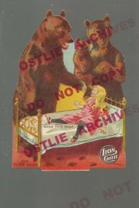 c1910 ADVERTISING GOLDILOCKS & THREE BEARS Lion Coffee STAND UP CARD Mechanical