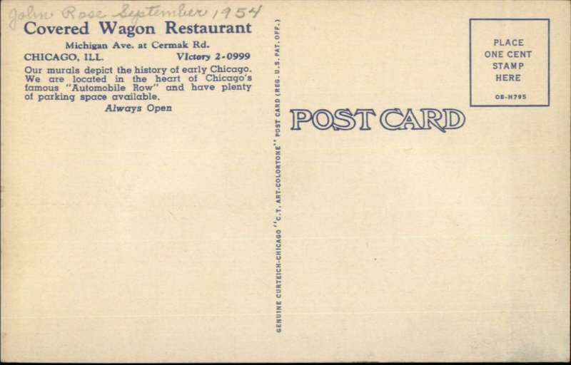 Chicago IL Michigan Ave at Cermak Covered Wagon Restaurant Linen Postcard