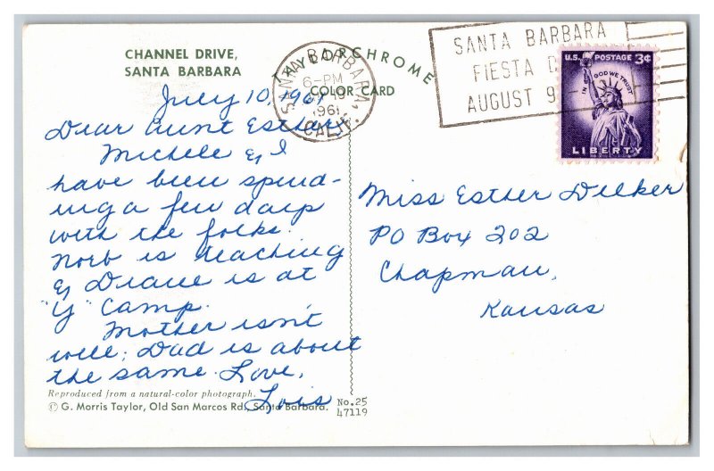 c1961 Postcard CA Channel Drive Santa Barbara California