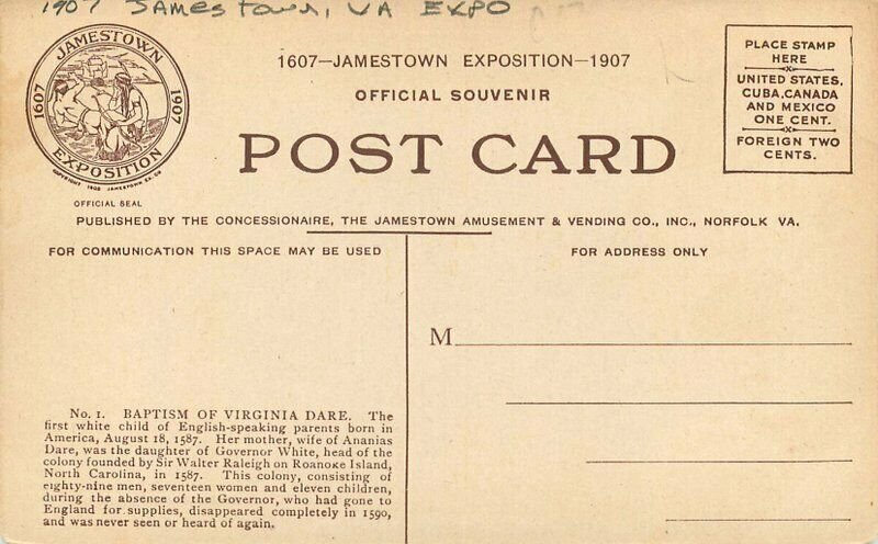 Baptism Virginia Dare Exposition Jamestown Virginia 1907 Postcard Seal 20-6094