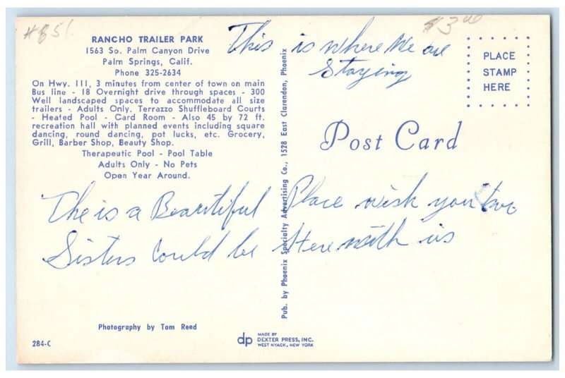 c1950's Rancho Trailer Park Palm Springs California CA, Swimming Pool Postcard