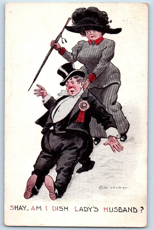 Artist Signed Postcard Humor Drunk Man Am I Dish Lady's Husband Utica NY 1912