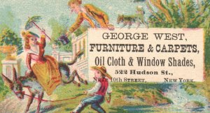 1880s-90s Children Playing Donkey George West Furniture & Carpets Trade Card