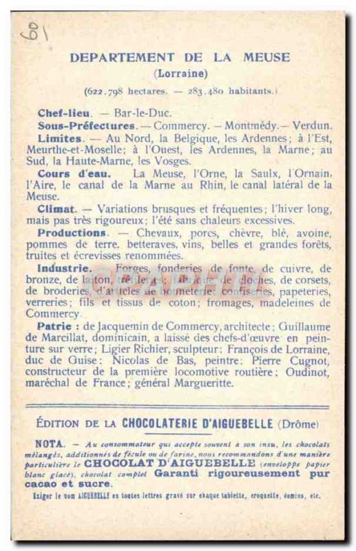 Old Postcard geographical maps of Chocolaterie & # 39Aiguebelle Meuse Gate Ch...