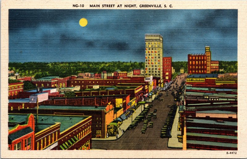 Greenville SC Main Street at Night Postcard unused 1930s/40s