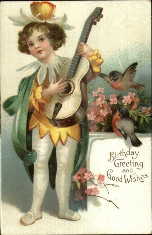 Boy in Flower Costume w/ Guitar c1910 Embossed Birthday Postcard