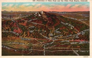 Vintage Postcard 1950's Panorama Of Pikes Peak & The Pikes Peak Region Colorado