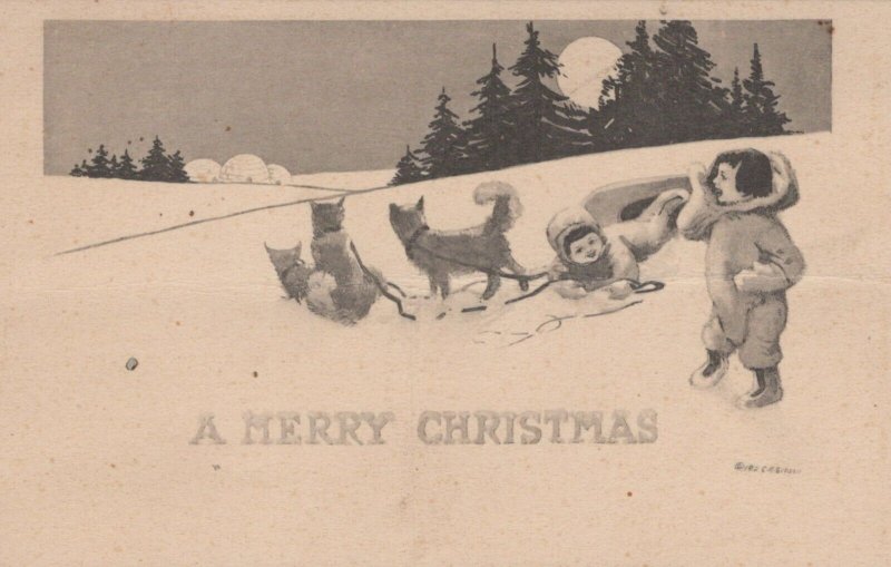 Merry Christmas Sled Dogs Children Fur Full Moon Gibson c1915s postcard H72 