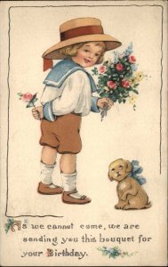 Birthday Little Boy with Puppy Sends Bouquet of Flowers c1910 Vintage Postcard