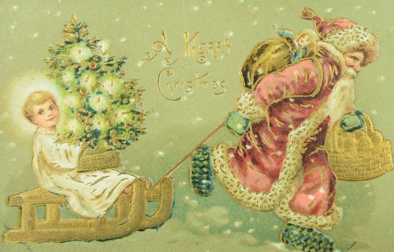 C.1900-10 Gilt Santa Claus Sled Angel Tree Germany Vintage Postcard F56 