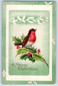 1910 Christmas Bird Holly Berries Mistletoe Embossed Genoa Colorado CO Postcard