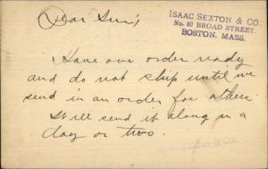 Isaac Sexton & Co Broad St. Boston MA 1896 Gov't Postal Card