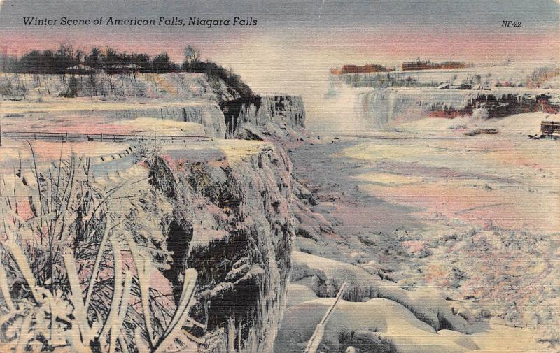 Winter Scene, American Falls, Niagara Falls, N.Y., Early Postcard, Used in 1949