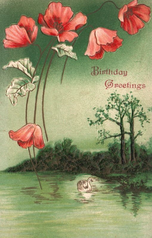 Vintage Postcard Birthday Greetings Wishes Cosmos Duck Pond Nature Landscape