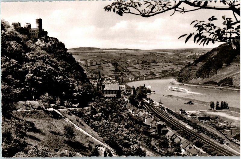 Vintage 1950s RPPC Schonburg Ruins Oberwesel am Rhein Rhine Postcard Boat Ferry