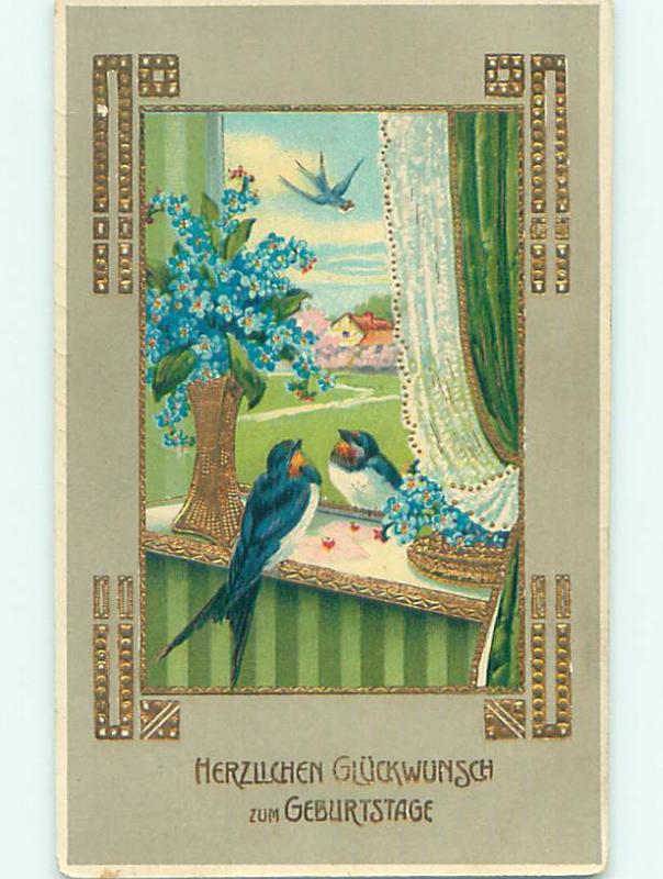 Pre-Linen foreign GERMAN BIRDS IN THE WINDOW WITH FORGET-ME-NOT FLOWERS HJ4496